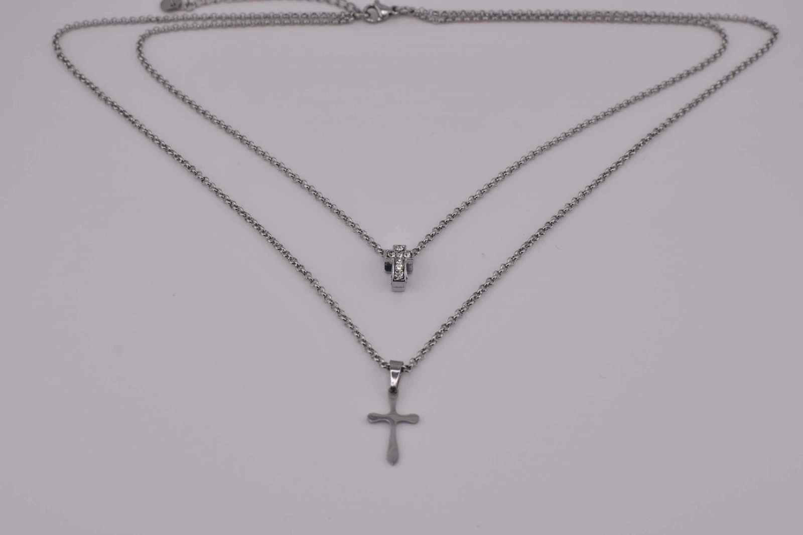 DOPPIA COLLANA CROCE STRASS ARGENTO