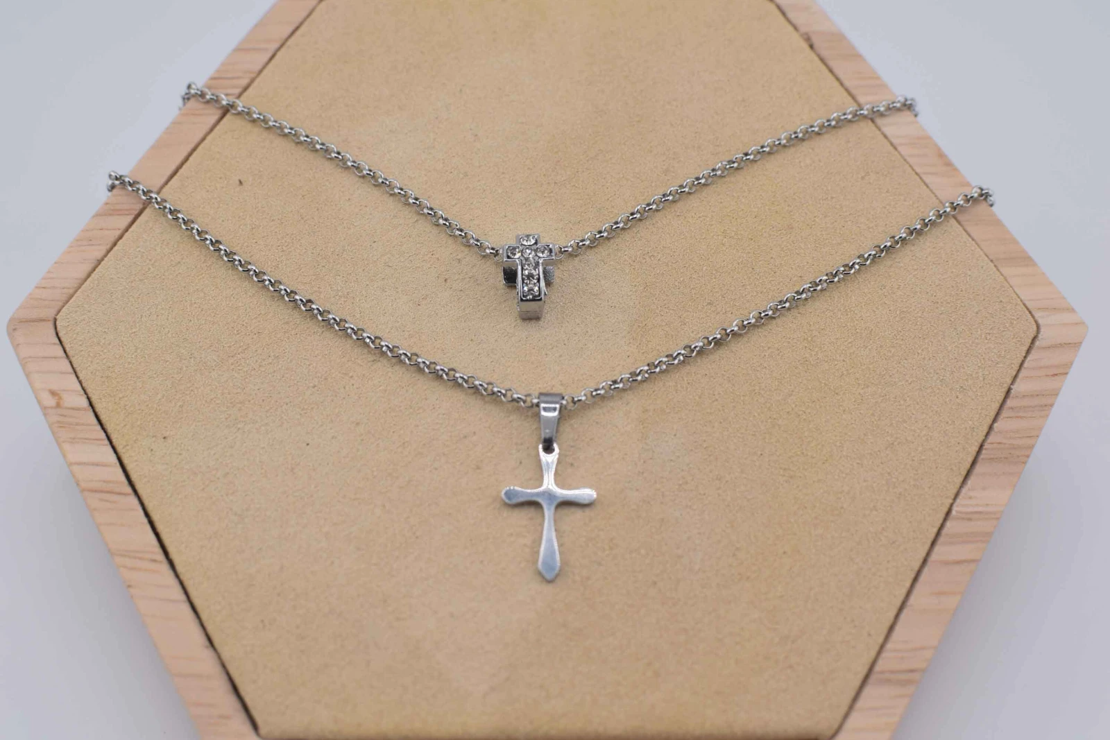 DOPPIA COLLANA CROCE STRASS ARGENTO