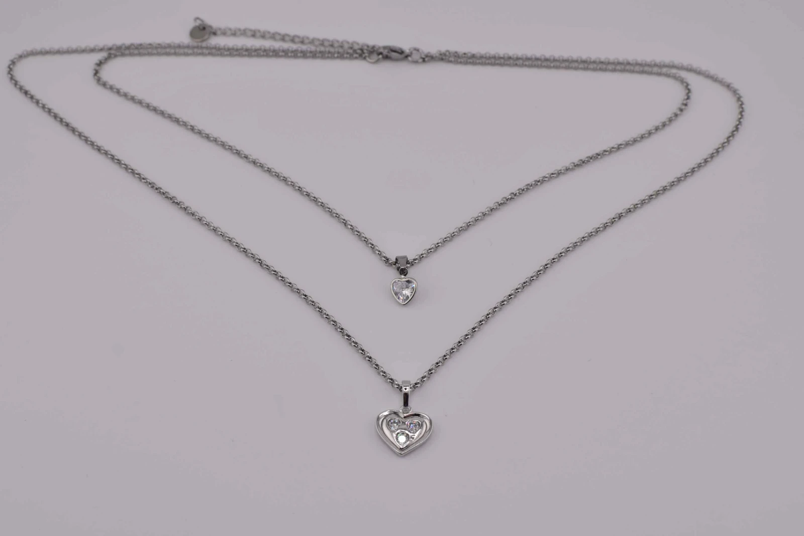 DOPPIA COLLANA CUORE DIAMANTE STRASS ARGENTO