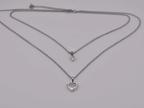 DOPPIA COLLANA CUORE DIAMANTE STRASS ARGENTO