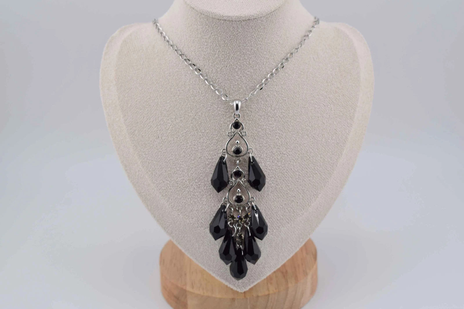 COLLANA MULTICIONDOLI PIETRA E STRASS NERI ARGENTO