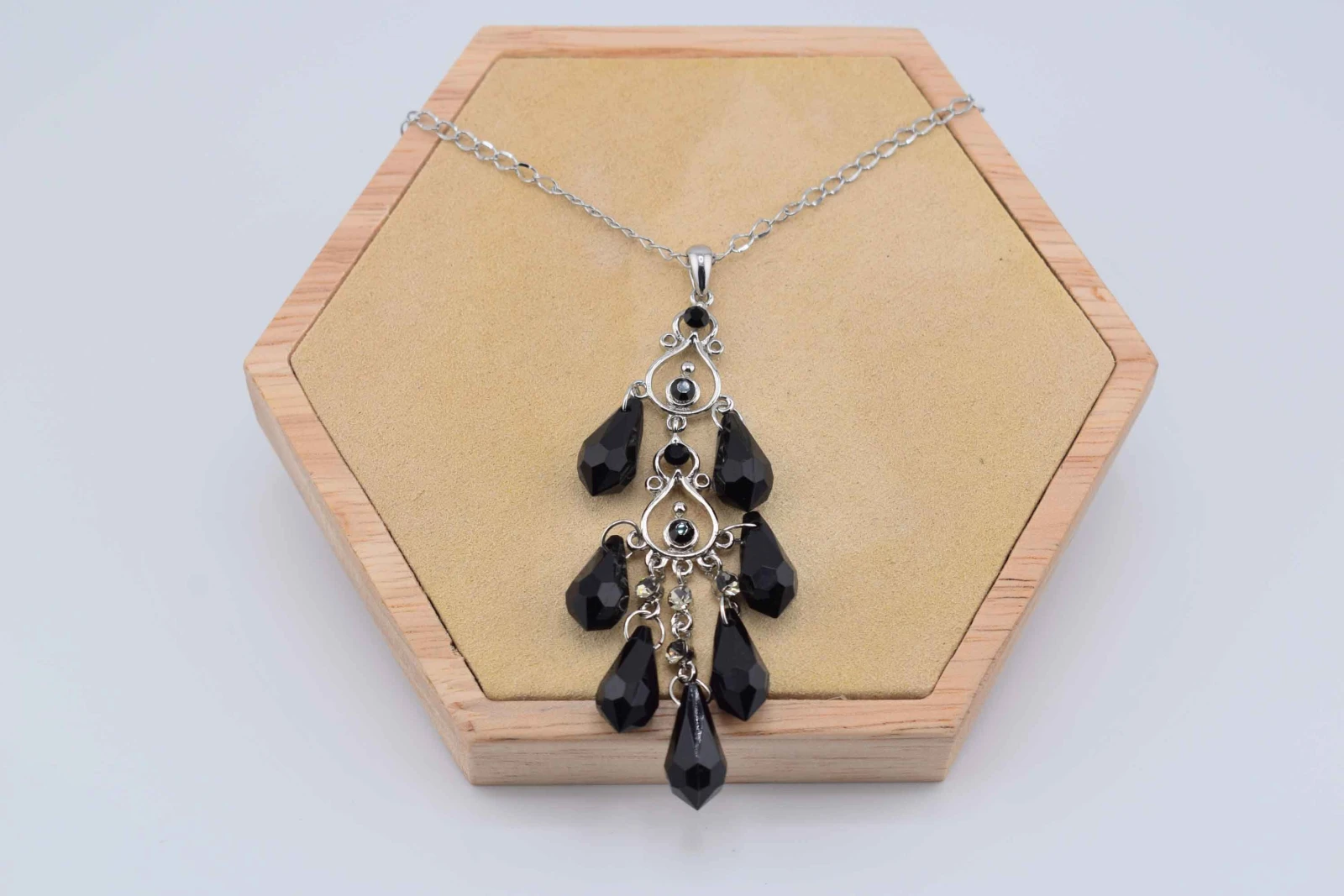 COLLANA MULTICIONDOLI PIETRA E STRASS NERI ARGENTO