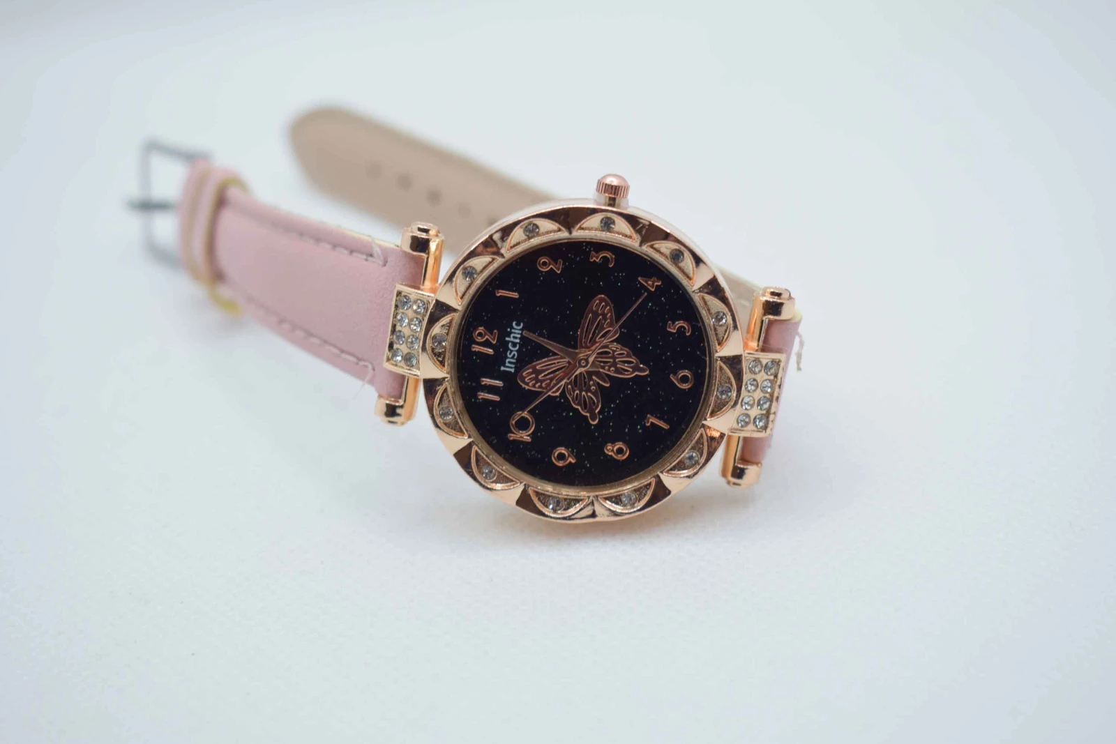 OROLOGIO CINGHIA CUOIO ROSA QUADRANTE STRASS NERO FARFALLA