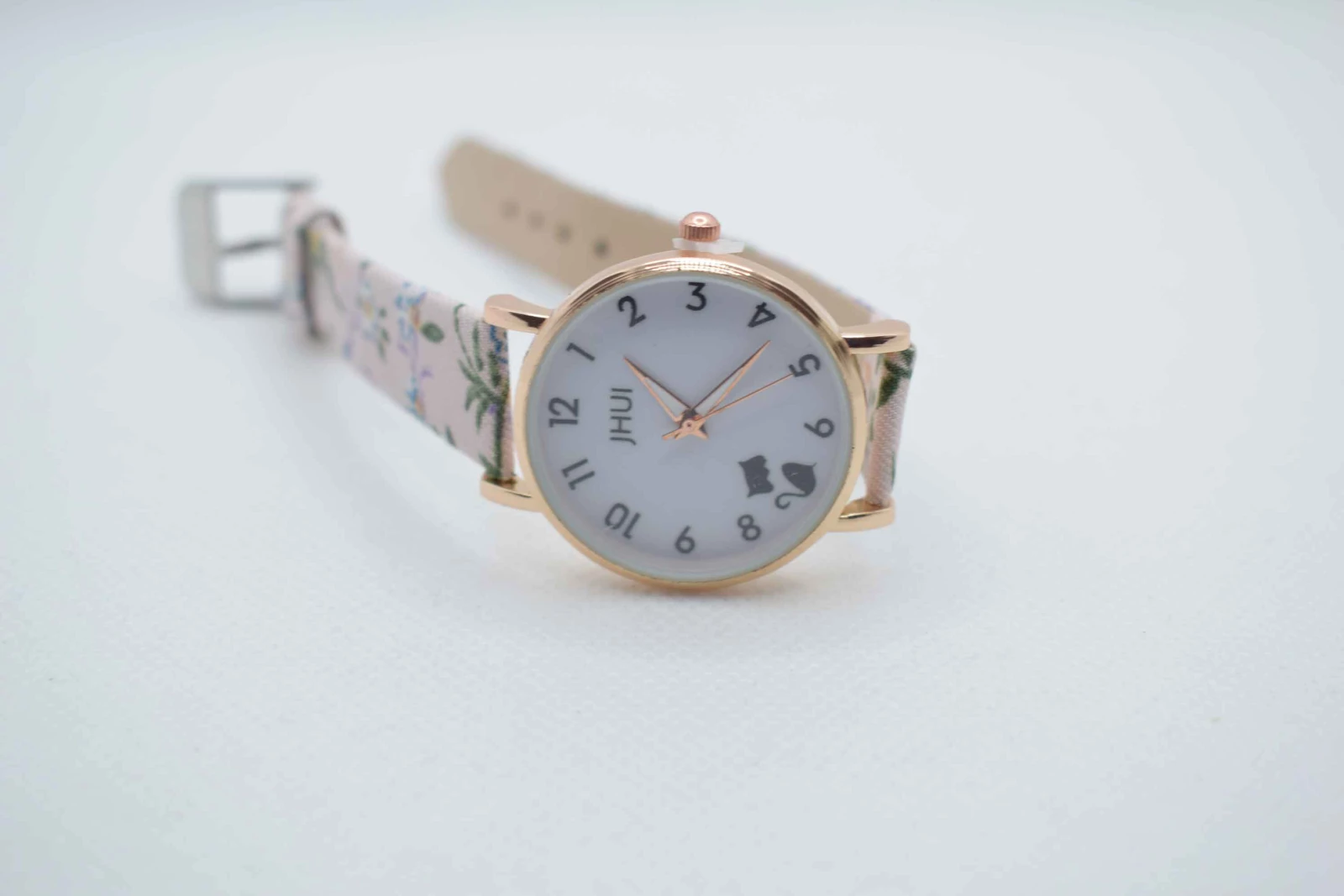 OROLOGIO CINGHIA CUOIO ROSA FIORI QUADRANTE BIANCO GATTO