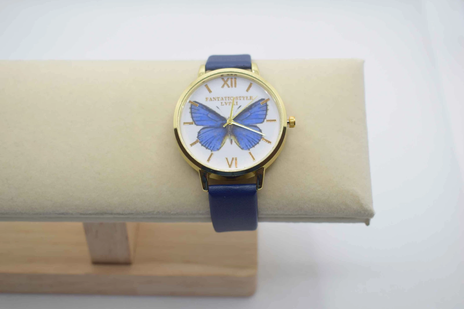 OROLOGIO CINGHIA CUOIO BLU QUADRANTE BIANCO FARFALLA BLU