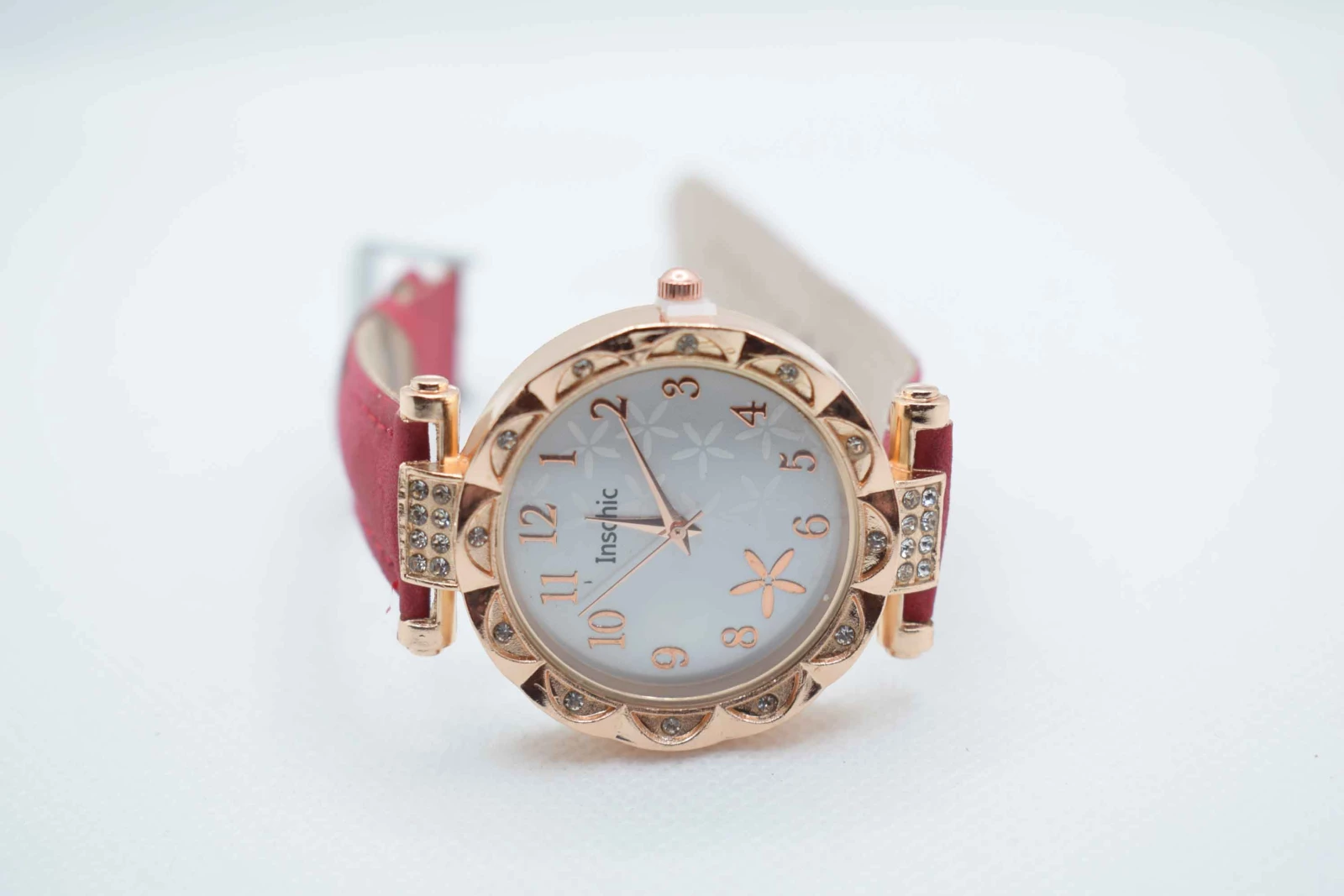 OROLOGIO CINGHIA CUOIO ROSSO QUADRANTE BIANCO ORO ROSA STRASS