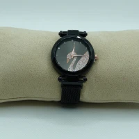 OROLOGIO CON CINGHIA NERA CON CALAMITA E QUADRANTE CON CIGNO